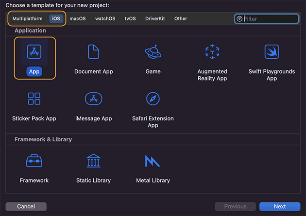 Create New Project in Xcode - Select App Type